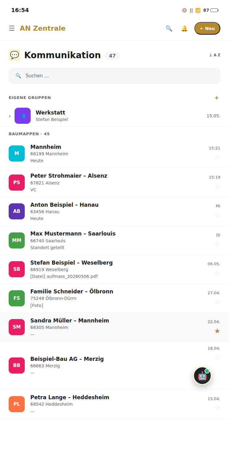 Bau-Chat in der AN Zentrale – Kommunikations-Übersicht mit Baumappen pro Projekt